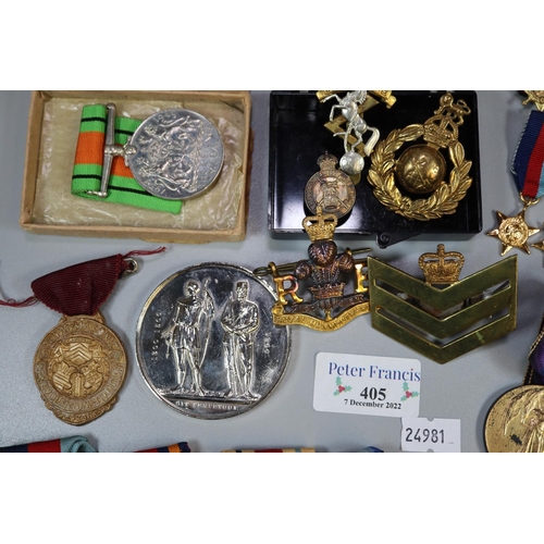 405 - Quantity of assorted military medals including: two dress miniature groups for First and Second Worl... 