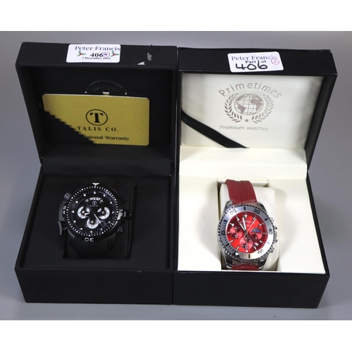 406 - Modern Talis black chronometer gent's wristwatch in original box. Together with a Primetimes Mariner... 