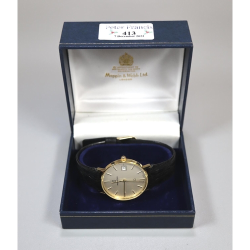 413 - 9ct gold cased Mappin & Webb presentation gent's wristwatch dated 1985 with black leather strap, in ... 