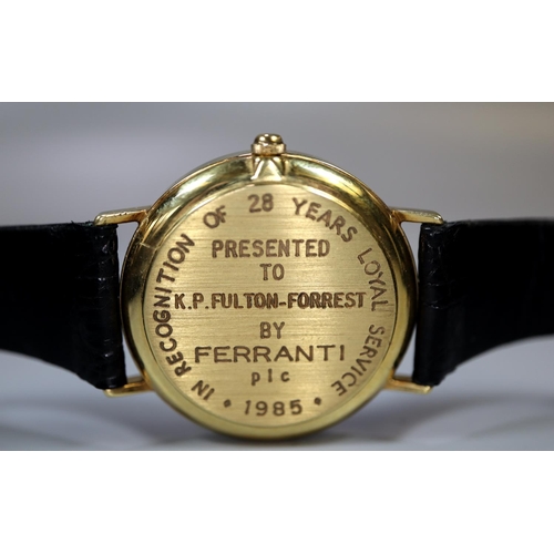 413 - 9ct gold cased Mappin & Webb presentation gent's wristwatch dated 1985 with black leather strap, in ... 