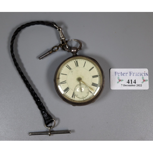 414 - Silver open faced pocket watch with Roman numerals and enamel face, with key. Chester Hallmarks.
(B.... 