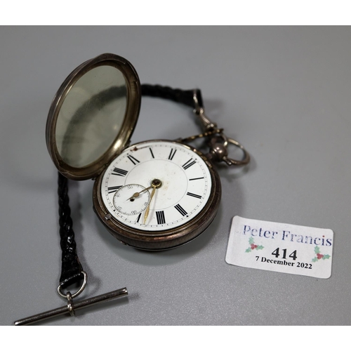 414 - Silver open faced pocket watch with Roman numerals and enamel face, with key. Chester Hallmarks.
(B.... 