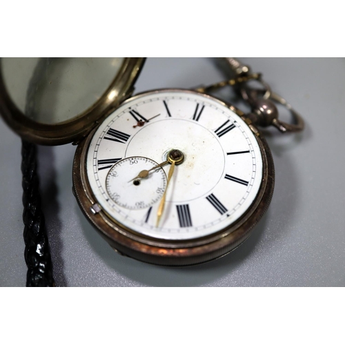 414 - Silver open faced pocket watch with Roman numerals and enamel face, with key. Chester Hallmarks.
(B.... 