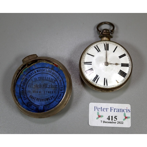 415 - 19th Century pear cased silver open faced pocket watch with enamel face and Roman numerals and origi... 