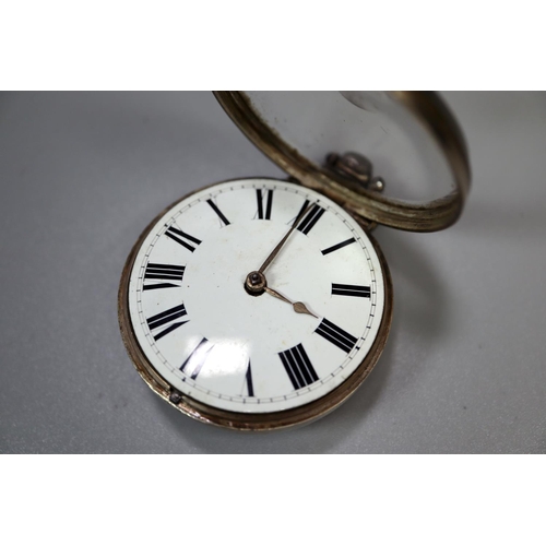 415 - 19th Century pear cased silver open faced pocket watch with enamel face and Roman numerals and origi... 