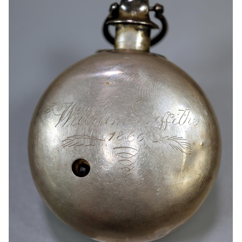 415 - 19th Century pear cased silver open faced pocket watch with enamel face and Roman numerals and origi... 