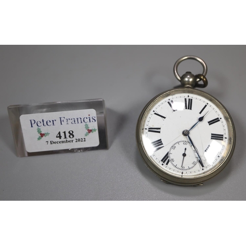 418 - Silver plated open faced pocket watch, with enamel face and Roman numerals. With key.
(B.P. 21% + VA... 