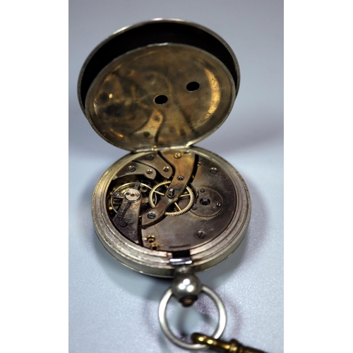 418 - Silver plated open faced pocket watch, with enamel face and Roman numerals. With key.
(B.P. 21% + VA... 