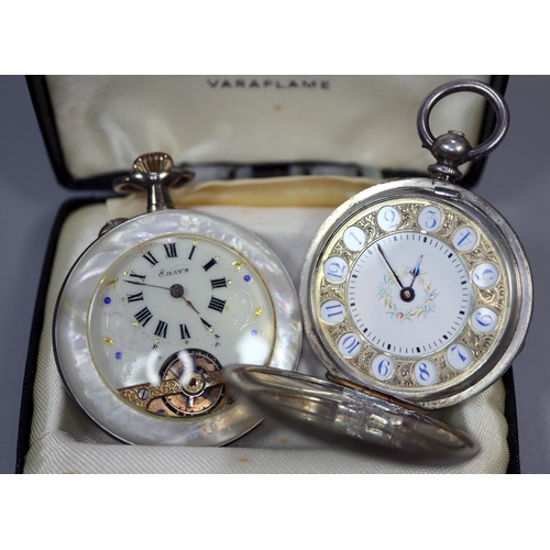 427 - Silver and enamel gilded continental lady's pocket watch, together with another silver and mother of... 