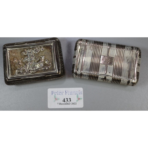 433 - Georgian silver cushion shaped relief decorated and engraved snuff box with shepherd boy to hinged c... 