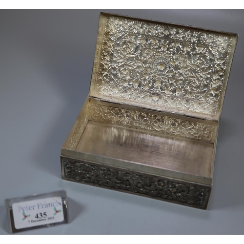 435 - Indian silver rectangular shaped repousse decorated cigarette box with hinged cover.  9.4 troy ozs a... 