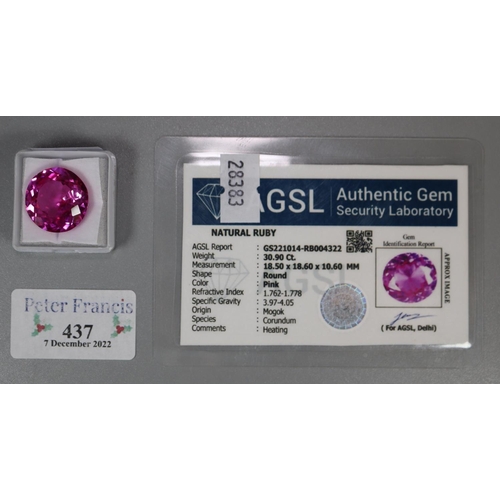 437 - Unmounted ruby with AGSL certificate. not warranted.  (B.P. 21% + VAT)