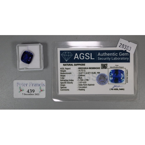 439 - Unmounted sapphire together with AGSL certificate. not warranted.  (B.P. 21% + VAT)