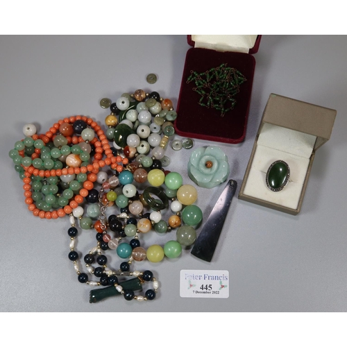 445 - Collection of jade jewellery, coral necklace, Victorian necklace, hardstone bracelet with silver cla... 