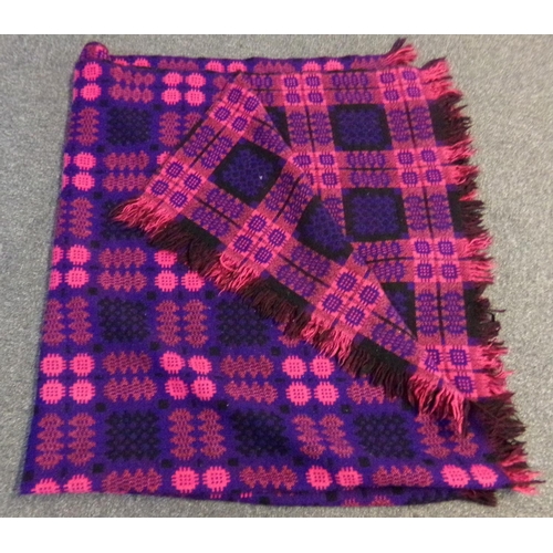 458 - Vintage woollen Welsh tapestry traditional Caernarfon design blanket on purple ground with fringed e... 