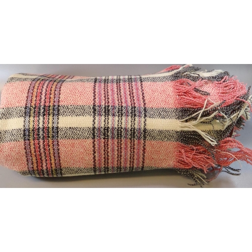 459 - Vintage woollen coloured check blanket or carthen with fringed edges. 
(B.P. 21% + VAT)