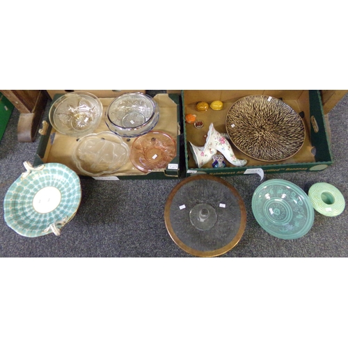 469 - Two boxes of glass and china to include: various moulded glass bowls, moulded and frosted glass dres... 