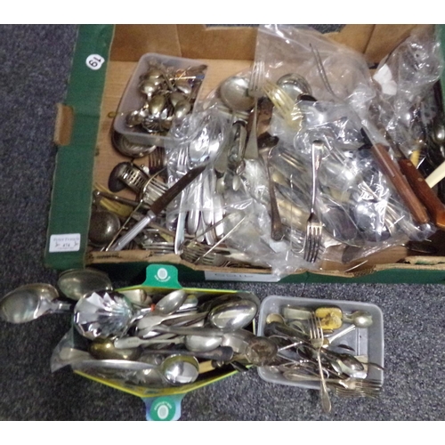 474 - Box of loose plated and other cutlery and other table items; nutcrackers, tea strainers, small His M... 