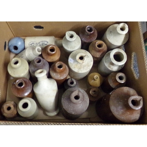 475 - Box of stoneware bottles, some marked including; 'The Fish and Ring brand is the best', Barrett & Co... 