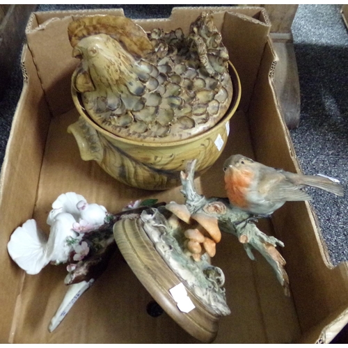 476 - Box containing an art pottery decorative soup tureen with moulded cockerel lid, a continental turtle... 