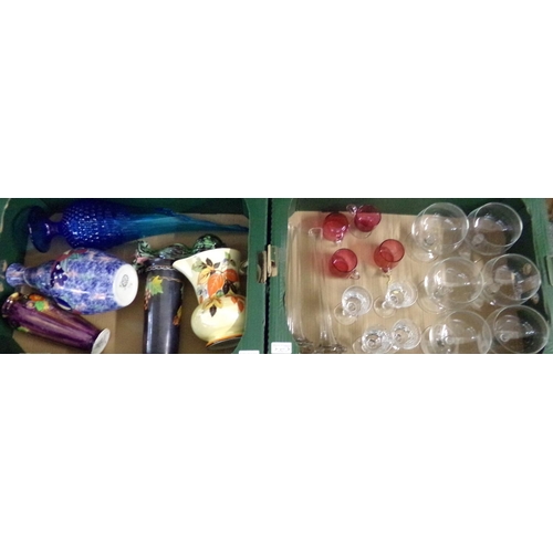 477 - Two boxes of glass and china to include: set of six French pedestal dessert bowls, liqueur glasses, ... 