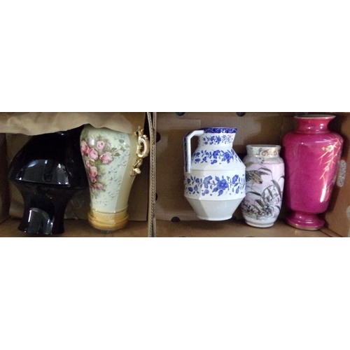 479 - Two boxes containing large pottery jugs, vases and urns to include: a lustre rose design two handled... 