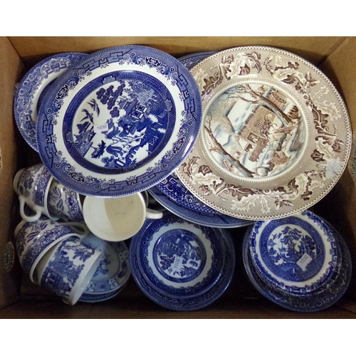 498 - Box of china; mostly blue and white to include; Churchill 'Willow' and other willow pattern, Johnson... 