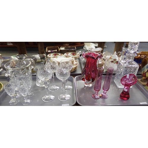 501 - Two trays of cut glass and cranbury glass: four cut glass hock glasses and four cut glass liqueur gl... 