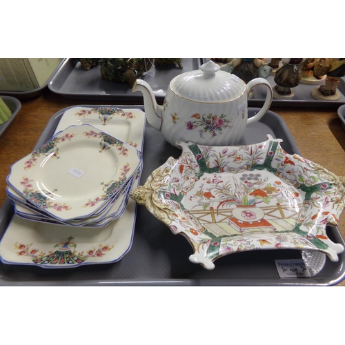 505 - Staffordshire Myott square tea plates and sandwich plate together a Minton, florally decorated teapo... 