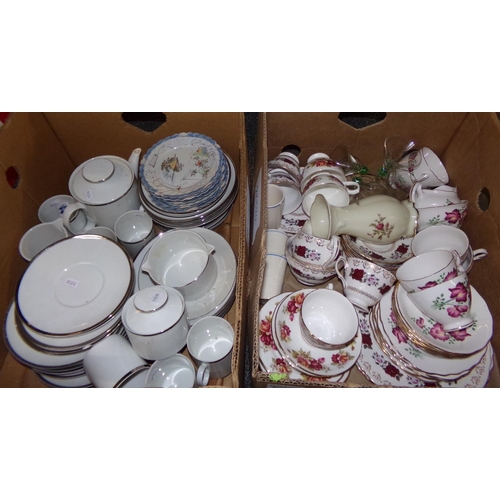 513 - Two boxes of assorted china: Colclough rose pattern tea ware, Crown Royal vetch flowers tea ware, Th... 