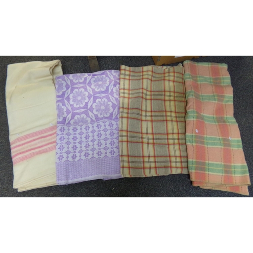 514 - Box containing four vintage blankets or bedspreads; one cream blanket with pink stripe and 'Sleeplux... 