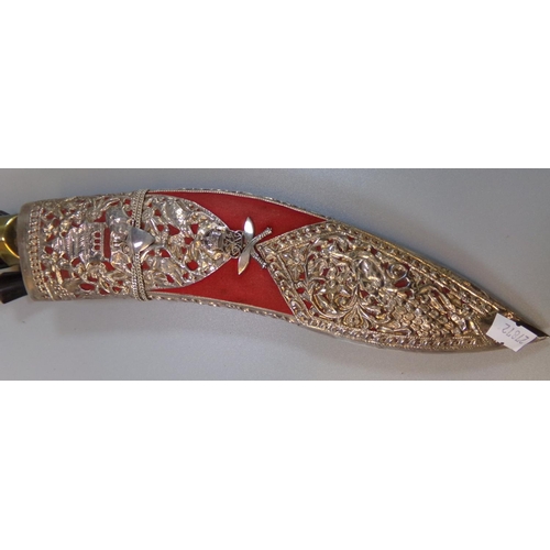 52 - Nepalese  dress Kukri with hardwood handle, miniature knives and fabric covered sheath with repoussé... 