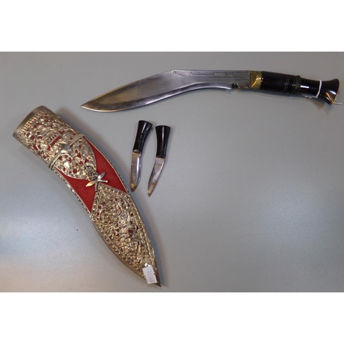 52 - Nepalese  dress Kukri with hardwood handle, miniature knives and fabric covered sheath with repoussé... 