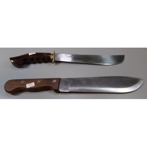 53 - Modern 'Bolo' steel bladed single edge machete with wooden grip and fabric sheath, together with sim... 