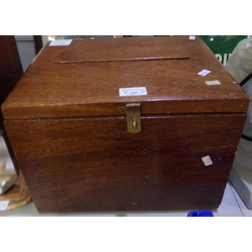 560 - 20th Century oak letter or bankers box with metal hinges. 
(B.P. 21% + VAT)