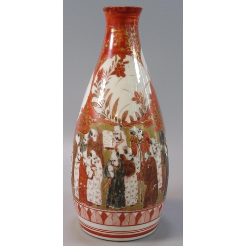 66 - Japanese porcelain Kutani Tokuri sake bottle, overall decorated with reserve panels of foliage and f... 