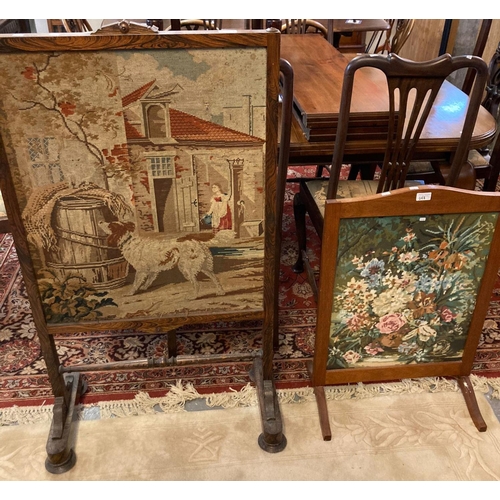 698 - Victorian tapestry fire screen depicting a figure and a dog, together with another 20th century maho... 