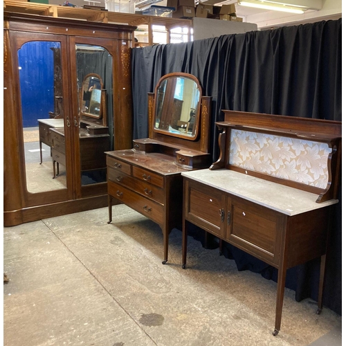 707 - Edwardian mahogany ornately inlaid two piece bedroom suit, to include: large mirrored double door wa... 