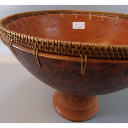 74 - Terracotta stemmed bowl with a basket weave to the rim, probably African origin.  30.5cm wide, 23cm ... 