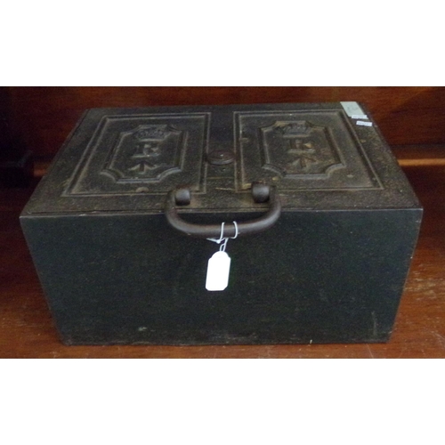 89 - Victorian cast iron two handled revenue strong box, with crown over 'R' and crow's foot mark, each p... 