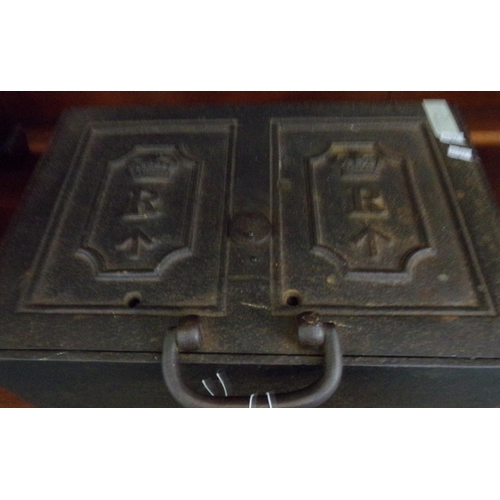 89 - Victorian cast iron two handled revenue strong box, with crown over 'R' and crow's foot mark, each p... 