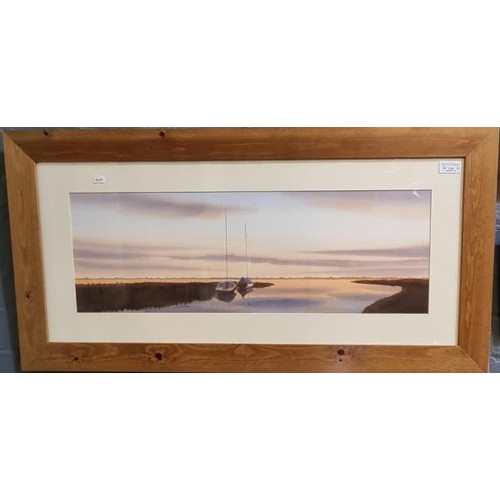 120 - Rick Grant, 'Kelling, Norfolk', a quiet backwater, signed, watercolours. 23 x 68cm approx. Framed an... 