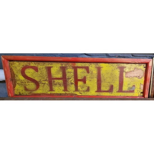 121 - Vintage style painted wooden 'Shell' petrol sign. Appearing in later frame. 17 x 65cm approx. 
(B.P.... 