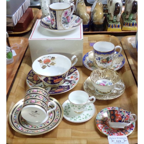 519 - Collection of seven 20th Century collectors cups and saucers:  miniature Irish Royal Tara cup and sa... 