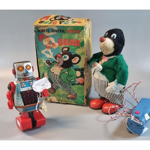 103 - Vintage tinplate and plastic clockwork robot, 'Space Robot RX-008', together with a Japanese remote ... 