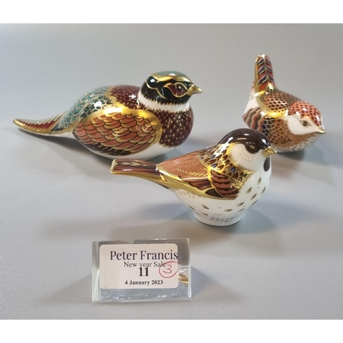 11 - Three Royal Crown Derby bone china paperweights, 'Woodland pheasant', 'Willow tit' and another. All ... 