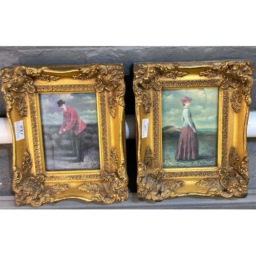 120 - Pair of modern reproduction prints depicting male and female golfers, in heavy gilt frames.  16x12cm... 