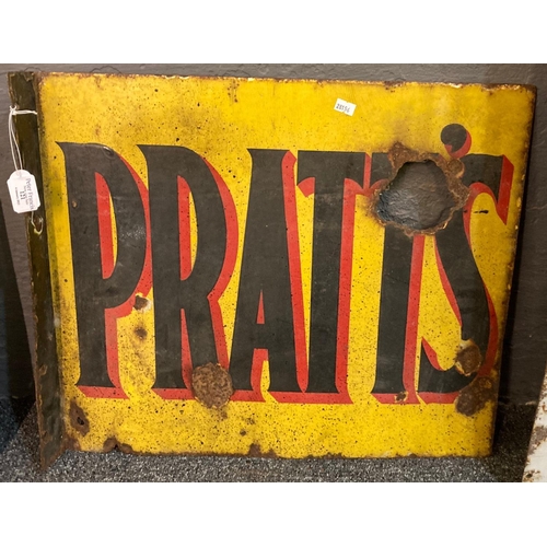 121 - Original double sided enameled 'Pratt's (petrol)' advertising sign.  Holed, in distressed condition.... 