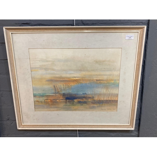 125 - Yvonne Tetlow (Welsh 20th century), semi-abstract beach scene with grass and pilings, signed dated 1... 