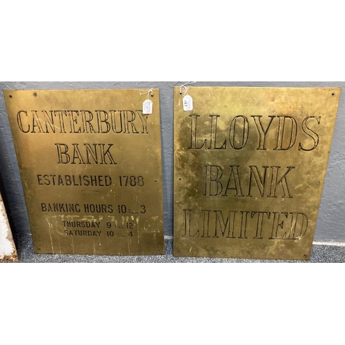 127 - Two brass Bank signs, 'Canterbury Bank, Established 1788' an 'Lloyds Bank Ltd.'.  58x46cm approx.  (... 